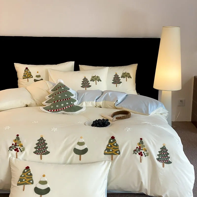 Cream Blue cotton duvet cover with embroidered Christmas tree and floral pattern, part of a four-piece bedding set.