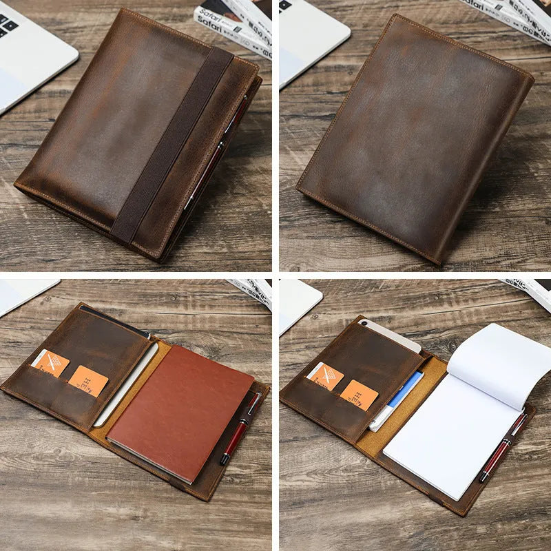 Brown crazy horse leather A5 notebook protective sleeve with square shape and socket closure
