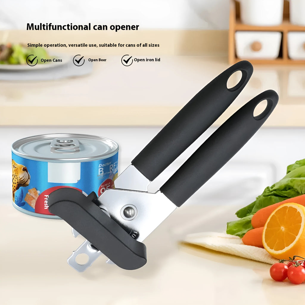 Black manual can opener and bottle opener with PP handle, 18.5cm length