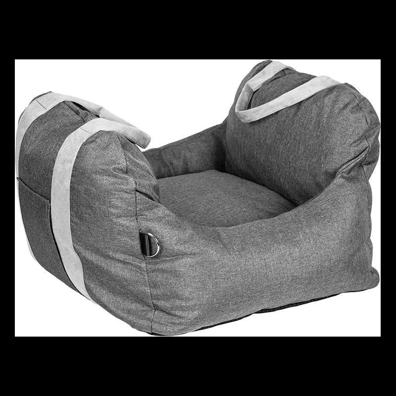 Portable cloth dog kennel in dark gray, available in S and L sizes for travel use