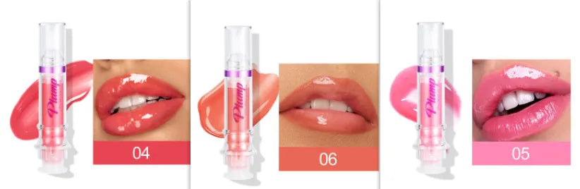 Lip gloss tube with mirror finish showing shiny application on lips