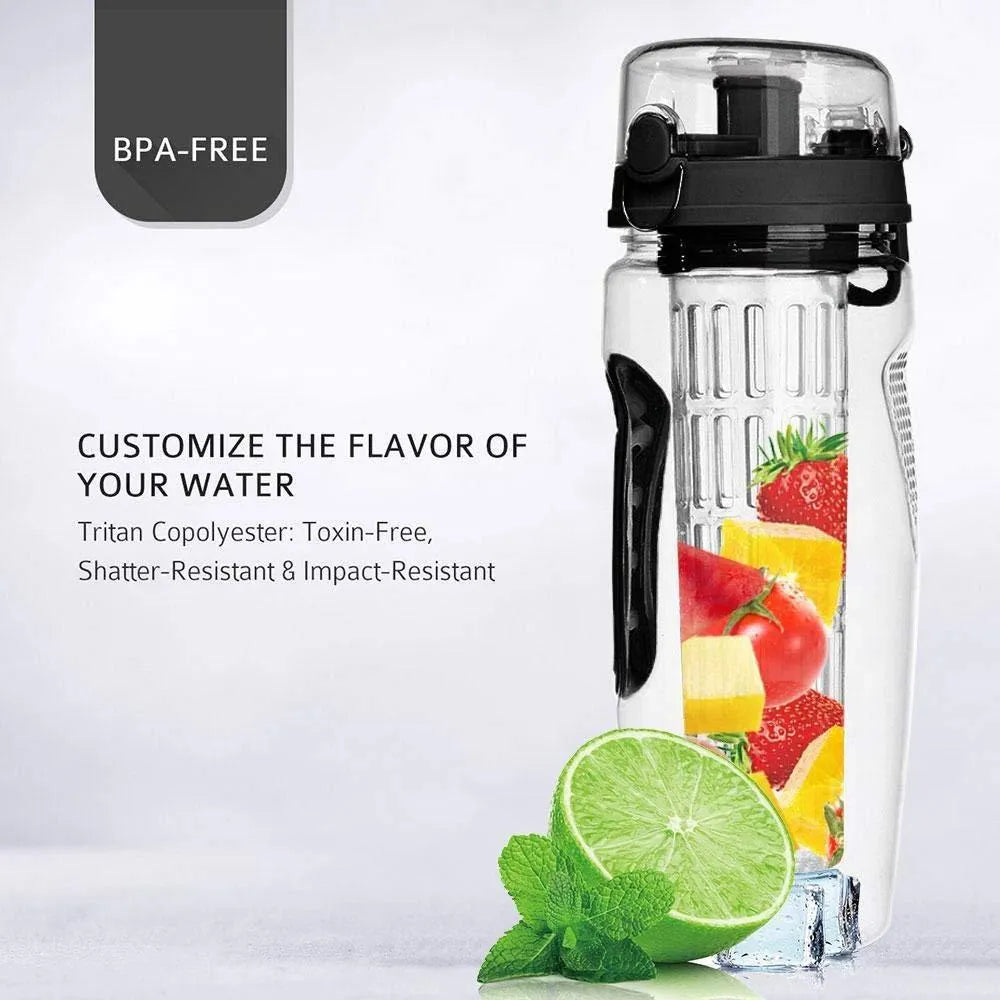 32oz BPA-free Tritan fruit infuser water bottle with removable fruit cup in assorted colours