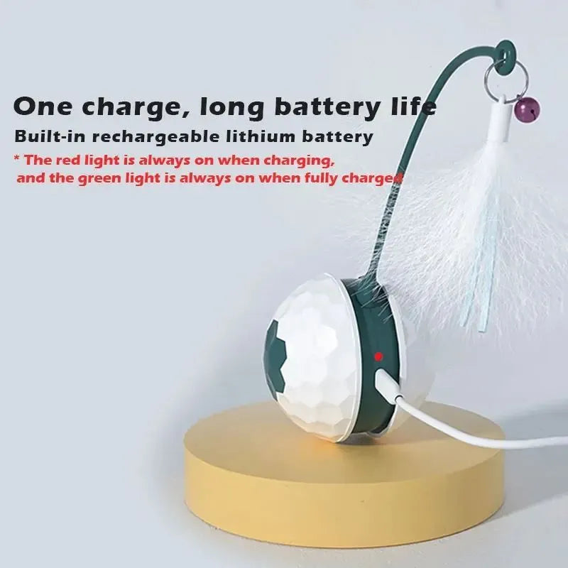 Self-moving cat teaser stick with feather and hemp rope attachments on a red base with USB charging cable