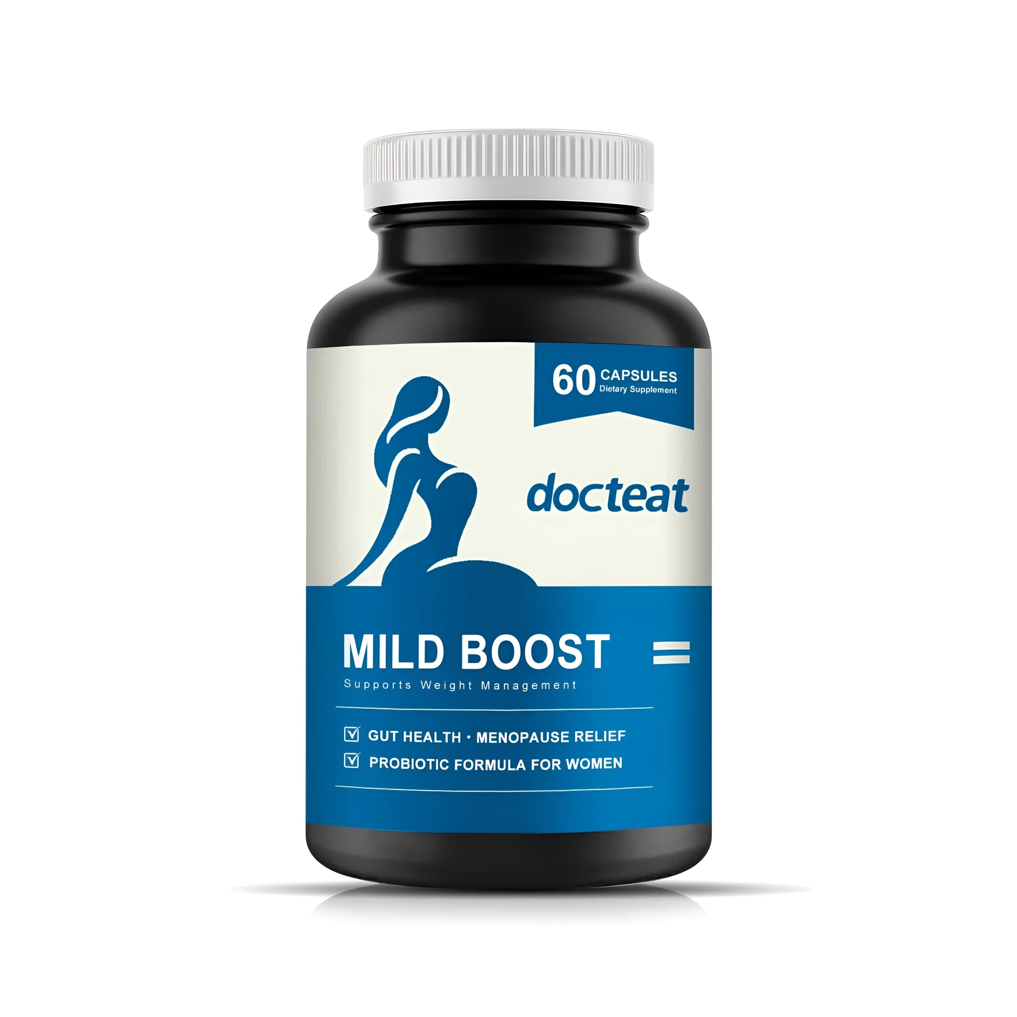 Bottle of 60 dietary supplement capsules containing probiotics, turmeric, moringa, and botanical extracts.