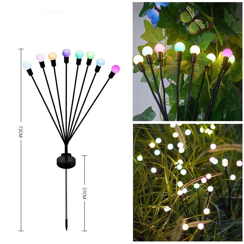 Solar-powered LED garden light with multiple heads on stainless steel ground spikes