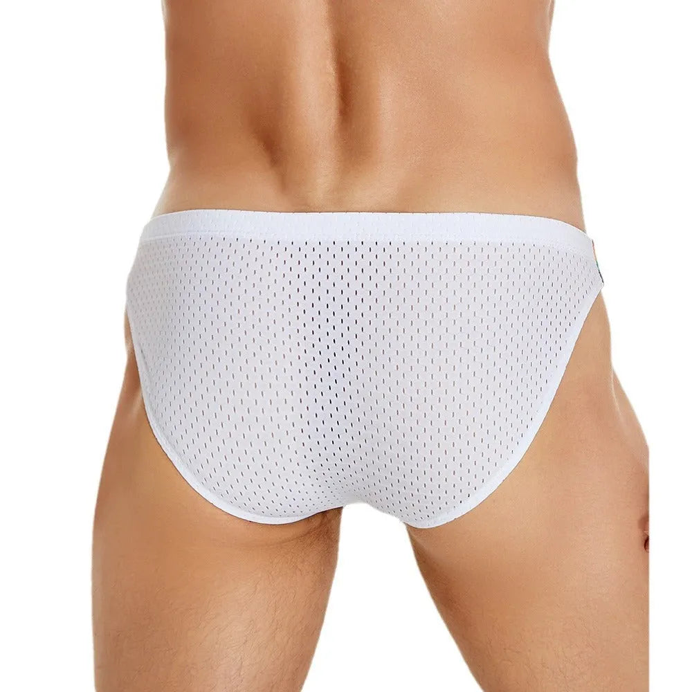 Men's nylon mesh briefs with low waist design and rainbow waistband in black, white, and dark blue colours