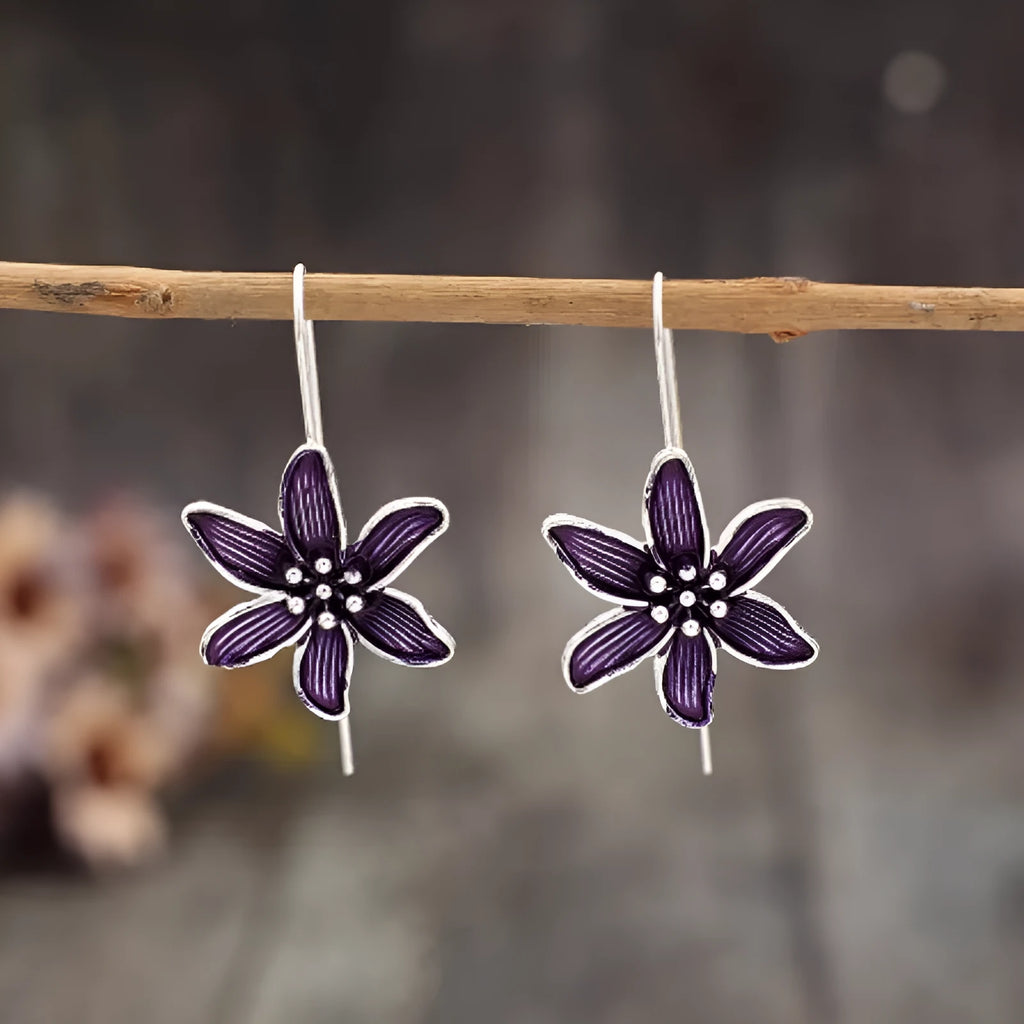 Women's purple flower-shaped earrings with alloy metal and electroplated finish