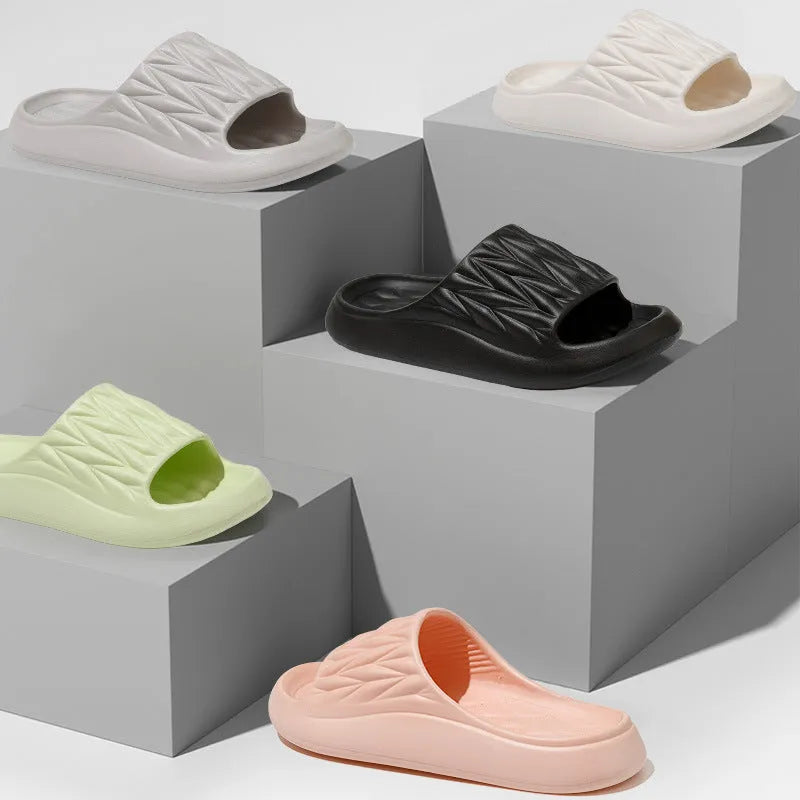 Leaf texture EVA household slippers in various colours showing breathable design for indoor use