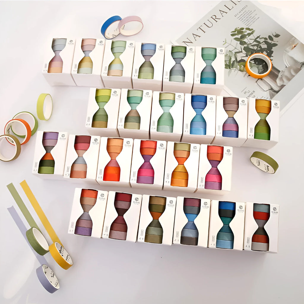 Six rolls of solid colour washi tape with solar term designs, each roll 9mm wide.
