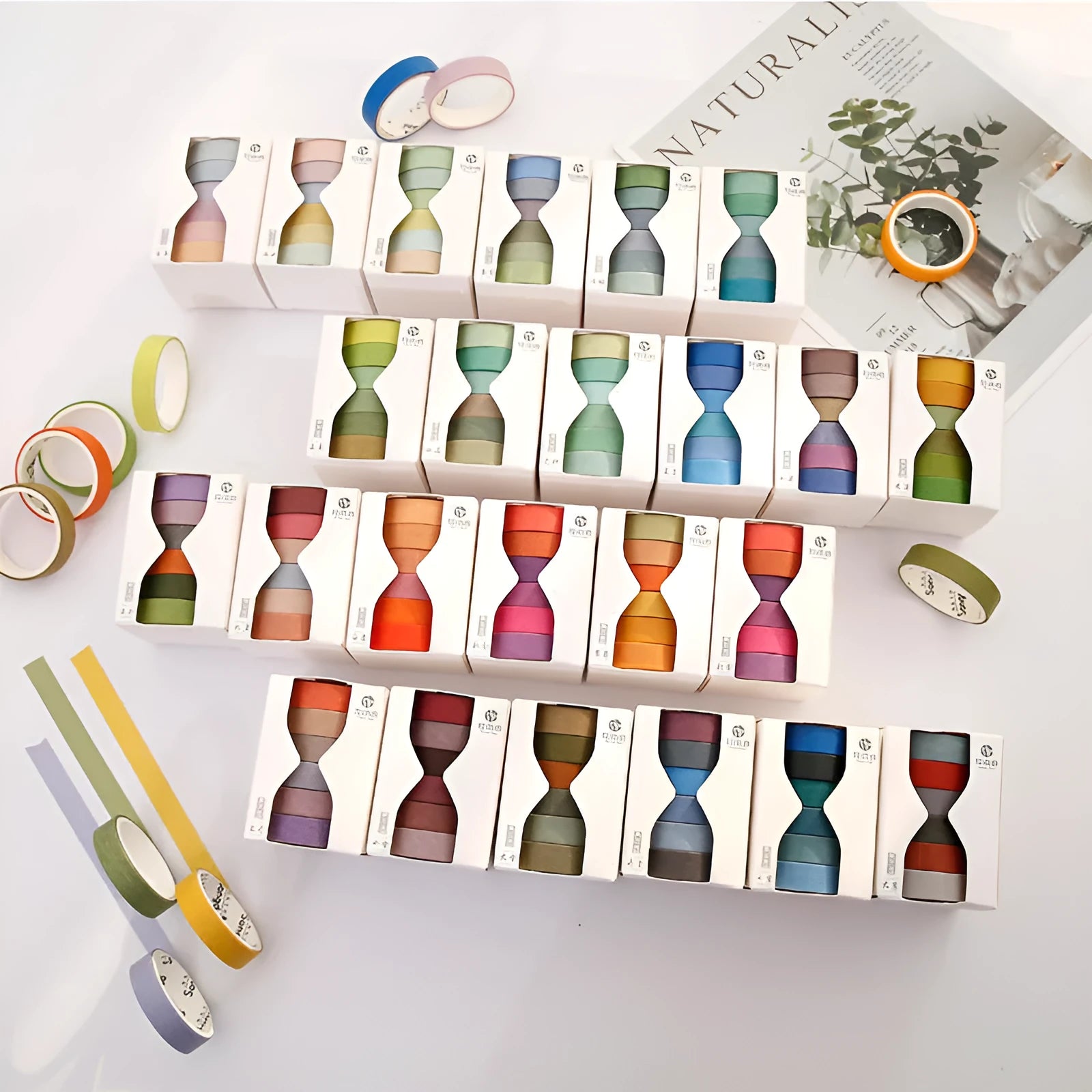 Six rolls of solid colour washi tape with solar term designs, each roll 9mm wide.