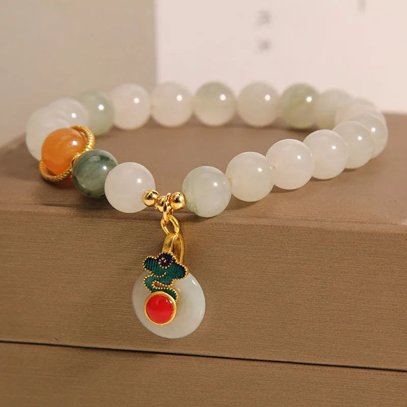Women's ice jade crystal bracelet with xiangyun peace jade buckle and pearl accents