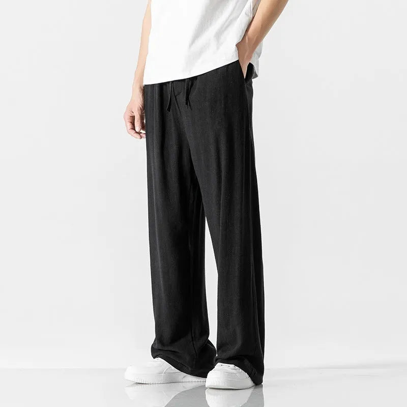 Men's loose straight-leg linen trousers in bamboo fibre fabric with drawstring waist