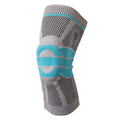 Sky blue elastic fibre knee pad with silicone grip for sports, shown in S, M, L, XL sizes.