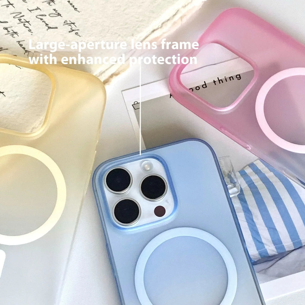 Gradient coloured frosted magnetic suction case for iPhone on a table