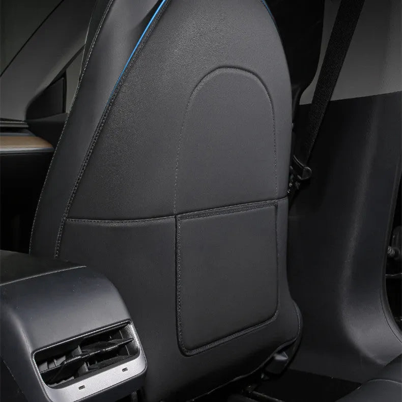 Two black leather rear seat anti kick pads showing full coverage design and single pocket style.