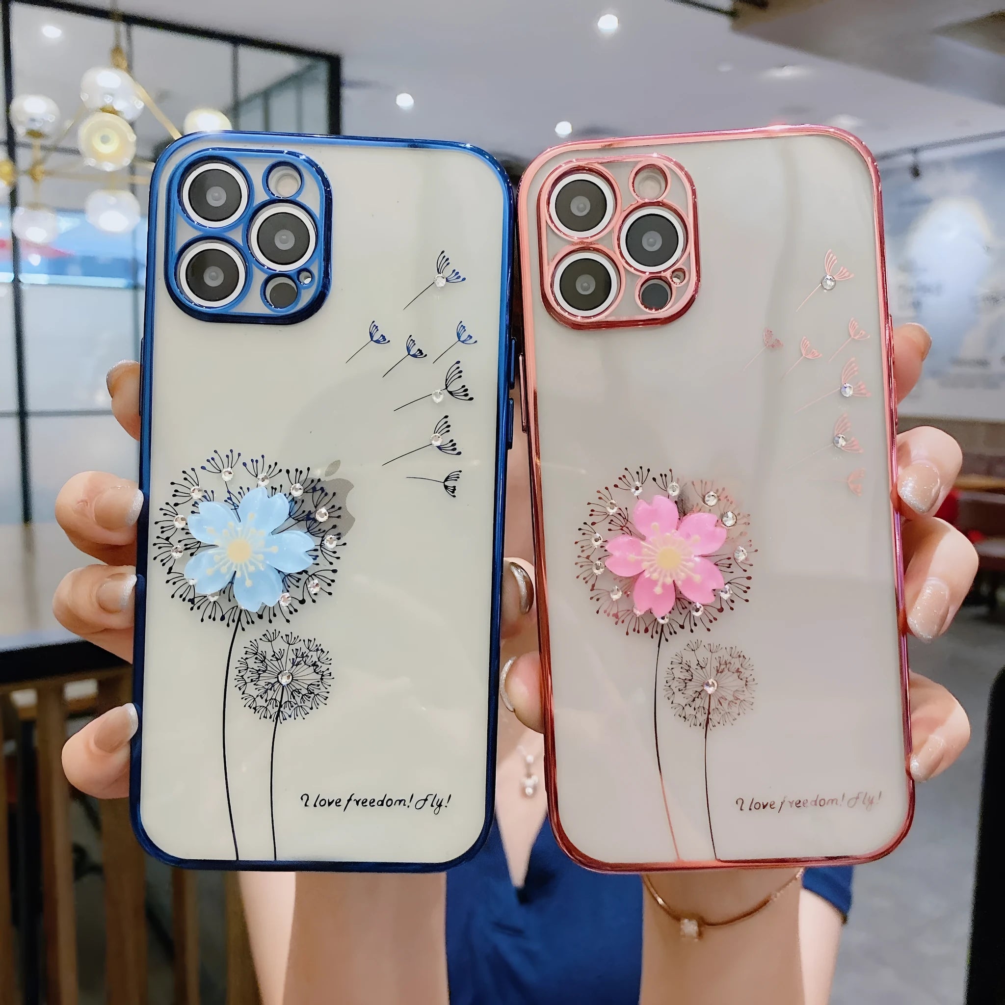 Green iPhone case with a 3D white flower design and a rotating stand on the back.