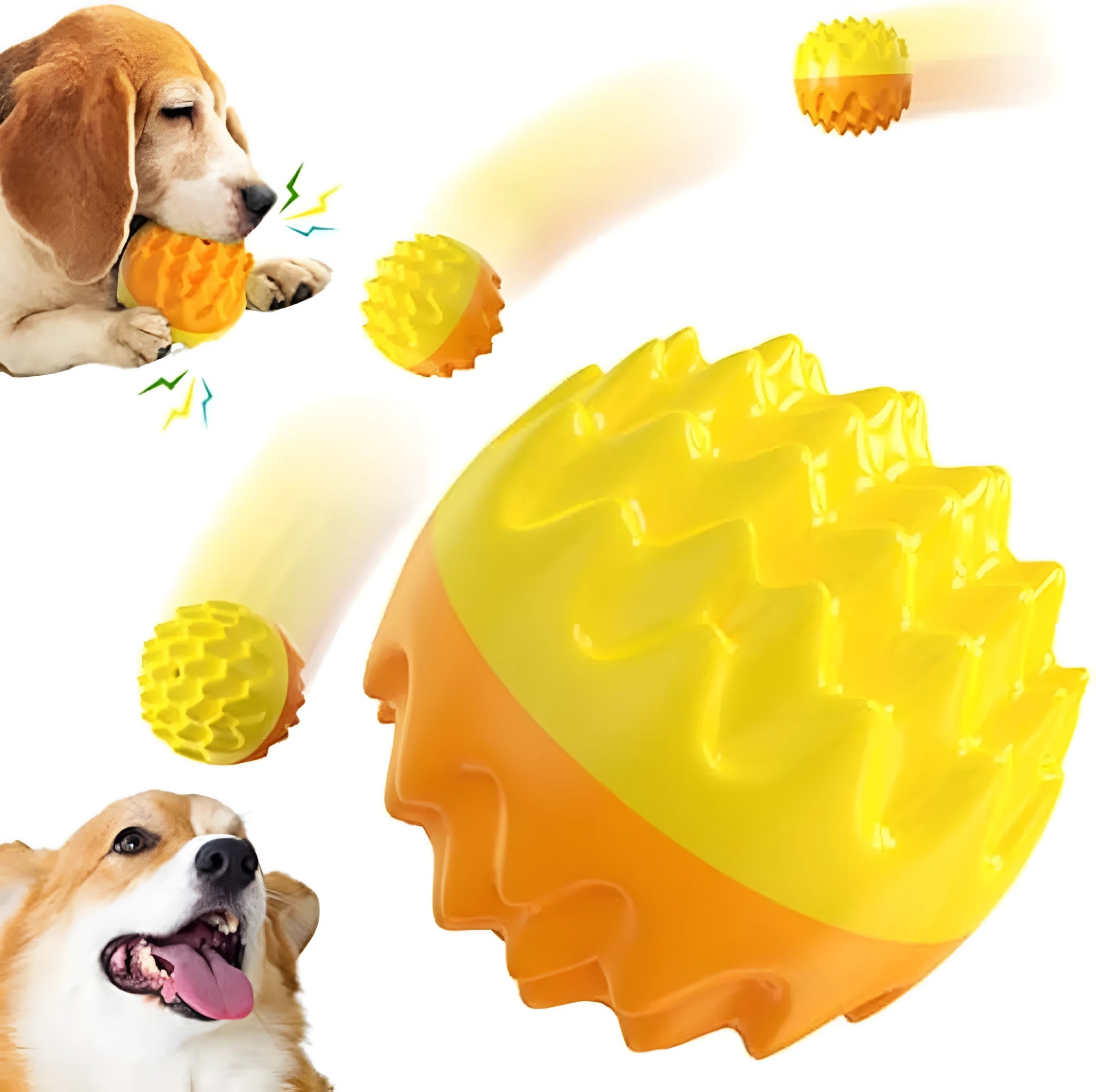 Blue and orange squeaky rubber dog ball with spiky texture for teeth cleaning and water fetch