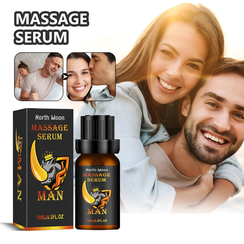 10ml bottle of men's massage essential oil for external body care containing mineral oil, jojoba oil, and ginger root oil.