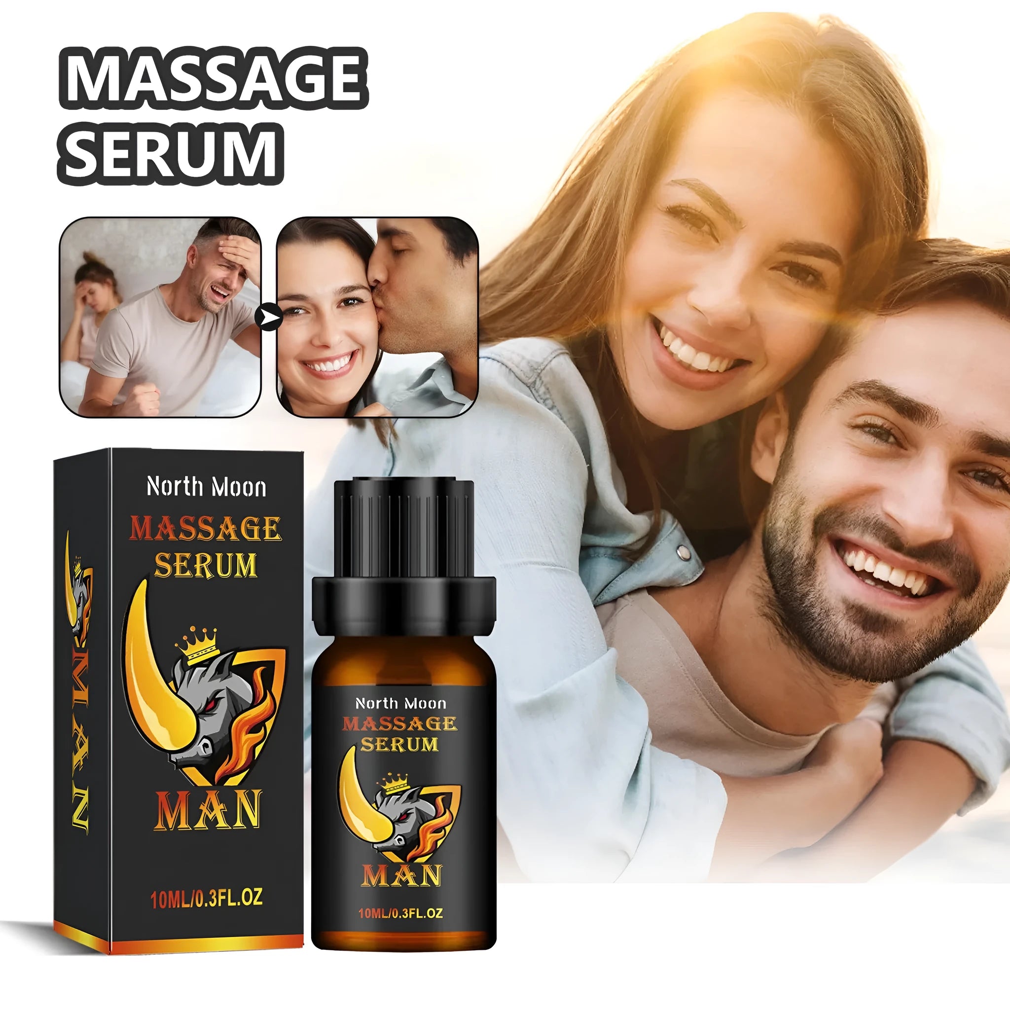 10ml bottle of men's massage essential oil for external body care containing mineral oil, jojoba oil, and ginger root oil.