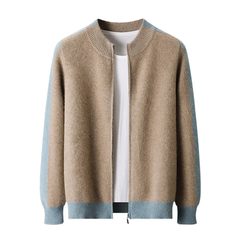 Men's half turtleneck zipper cardigan sweater in wool with loose fit and long sleeves