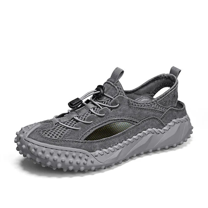 Men's black waterproof sports sandals with leather mesh upper and elastic band fastening