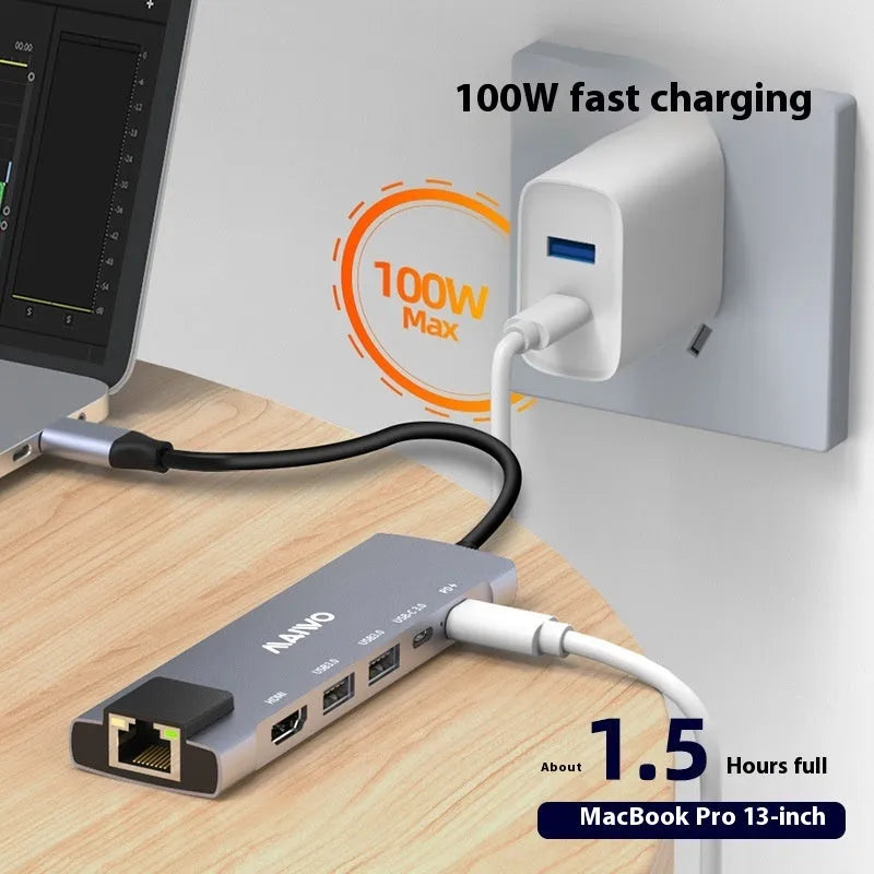 Steam Deck six-in-one aluminium docking station with 15cm cable, showing HDMI, USB, and Ethernet ports.