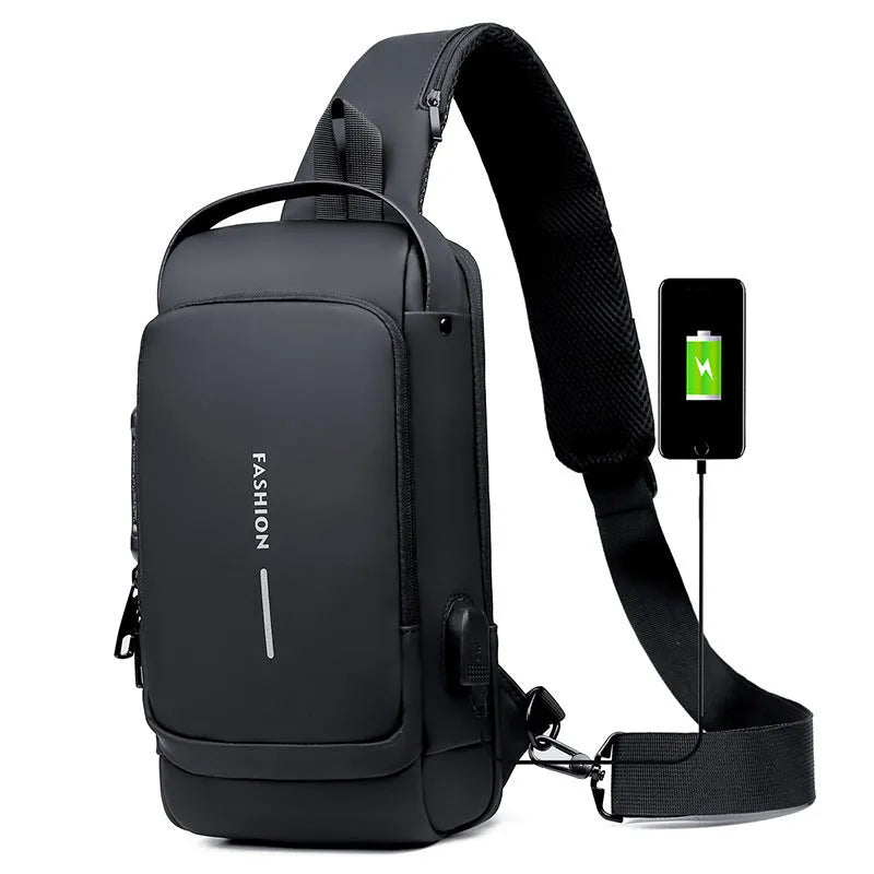 Men's black PU leather motorcycle chest bag with password lock and zipper opening