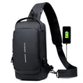 Men's black PU leather motorcycle chest bag with password lock and zipper opening