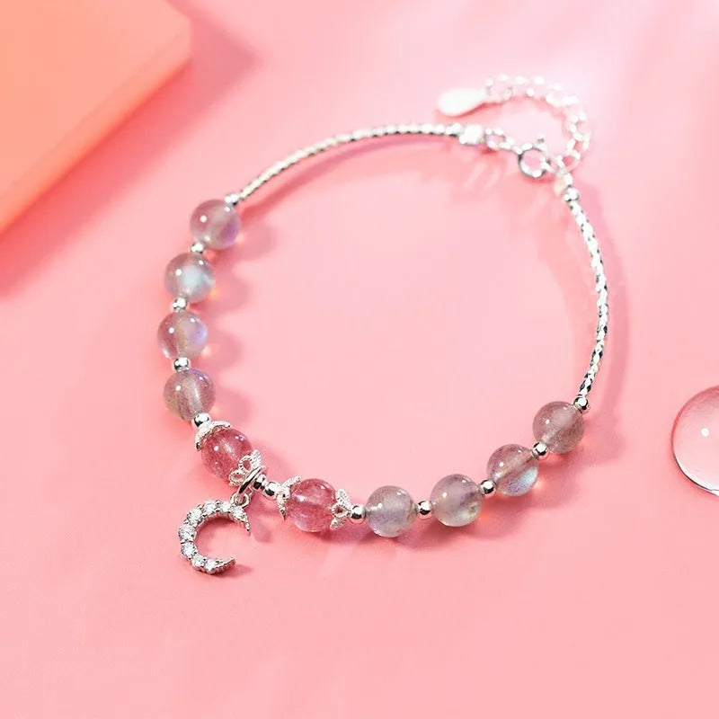 Natural moonstone handmade bracelet with adjustable chain and moon charms