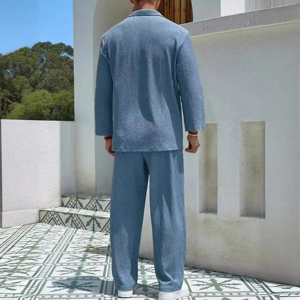 Men's casual polyester shirt and trousers set in lake blue colour