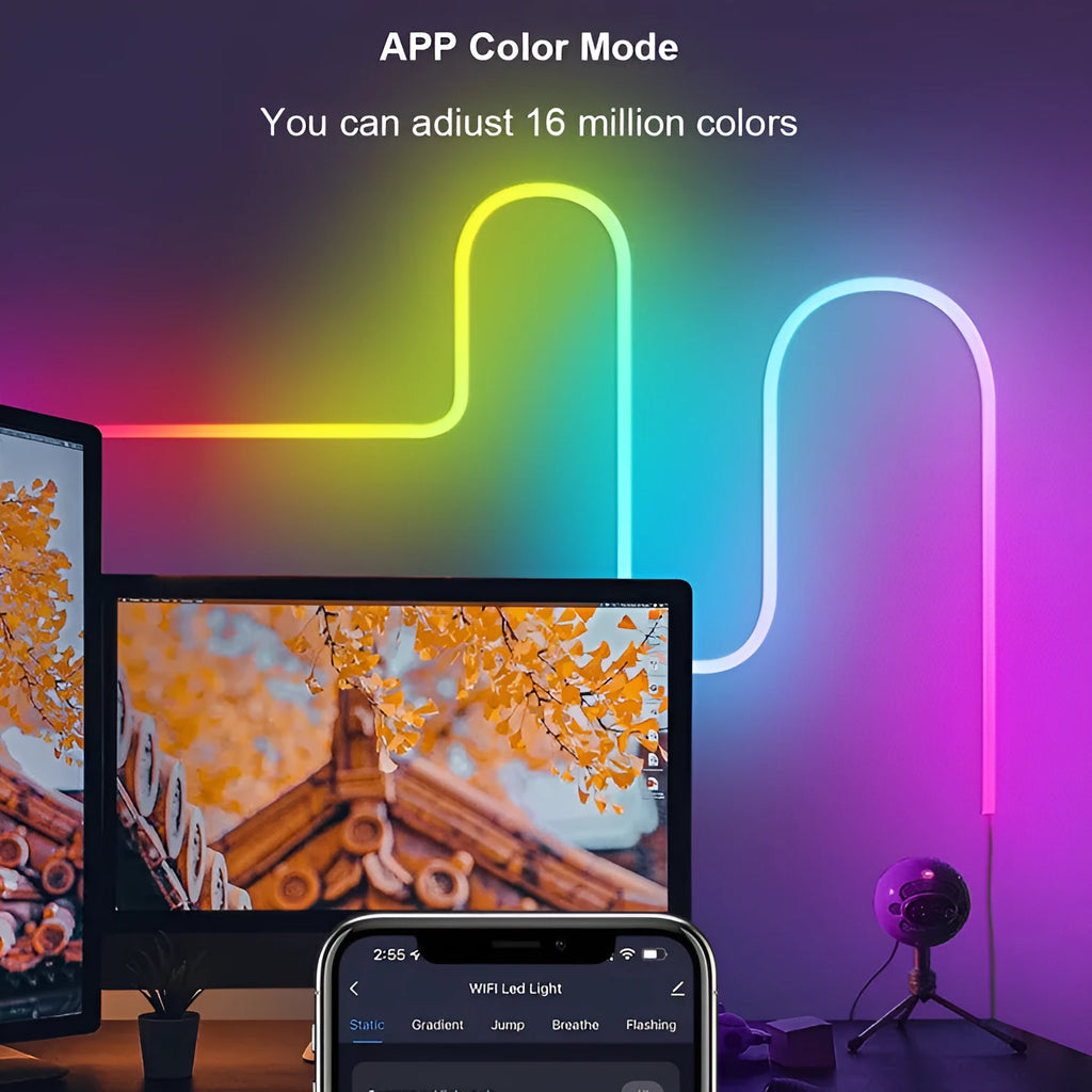 3-metre long RGB magic colour LED neon strip light with remote control on a dark background.