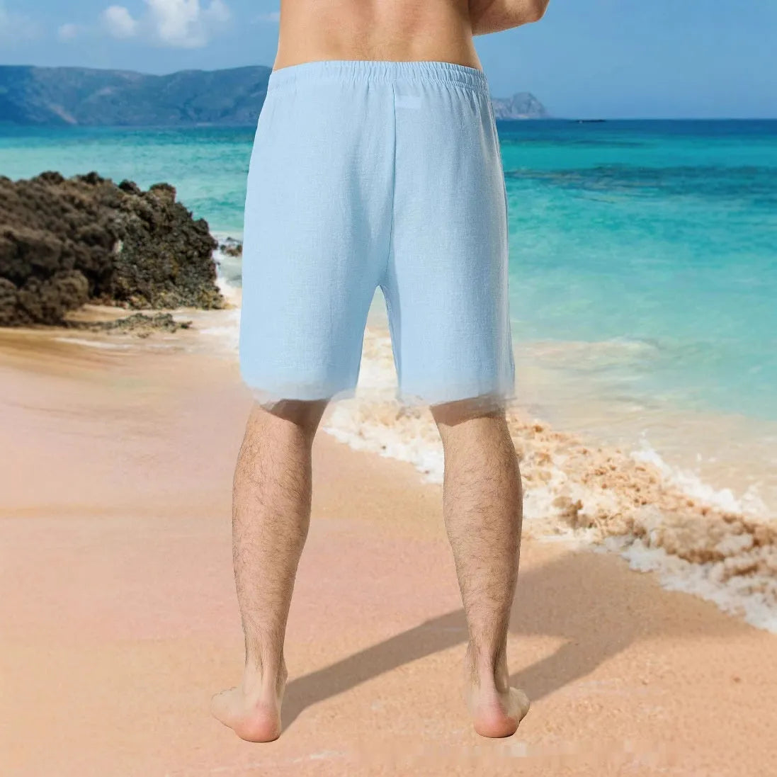 Men's blue casual shorts with colour block digital printing pattern and drawstring waist