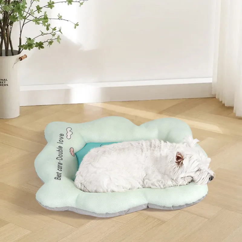 Green and pink ice silk pet cooling mats showing four size options for dogs and cats
