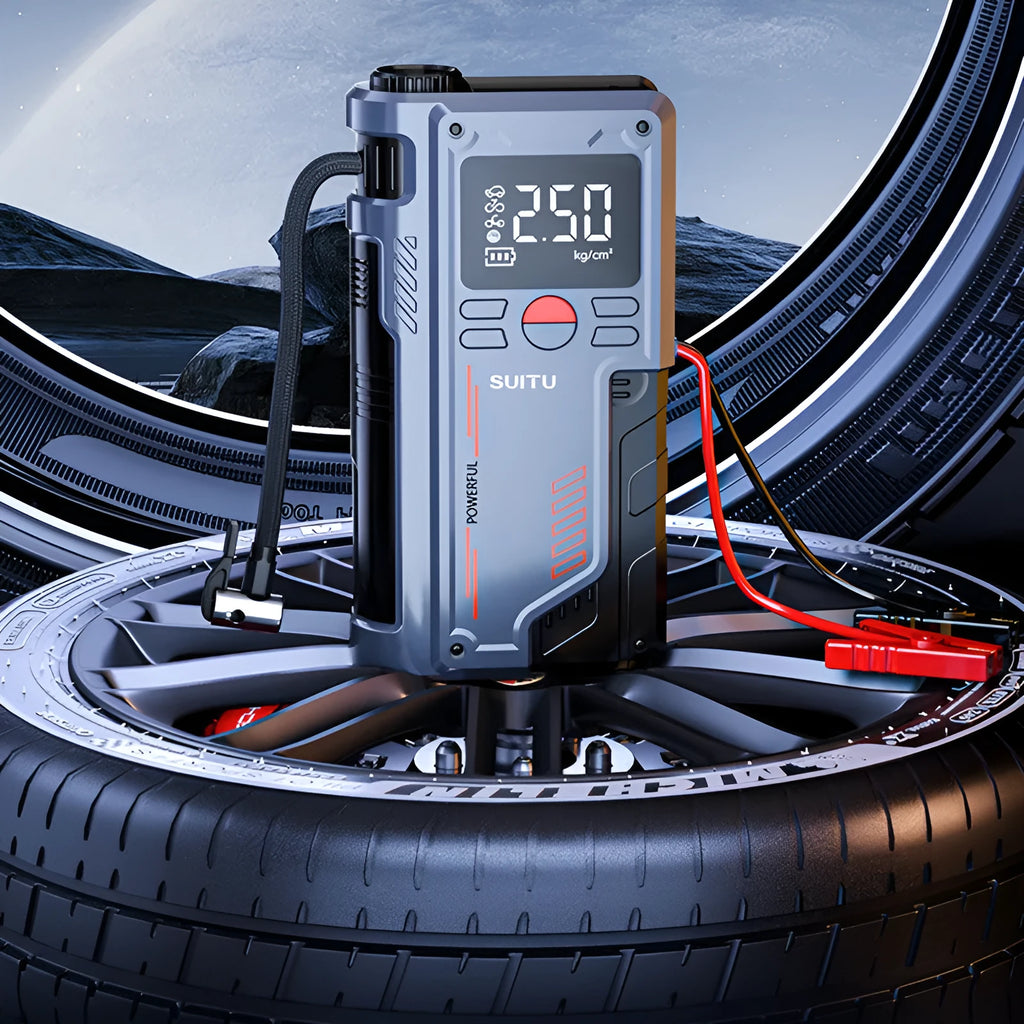 Wireless lithium battery emergency jump starter with tyre inflator measuring 206x110x54mm
