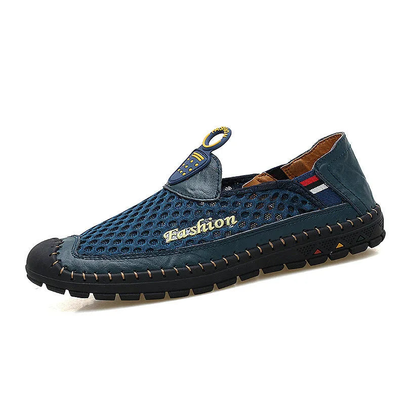 Men's brown mesh casual shoes with round toe and rubber sole on a white background.