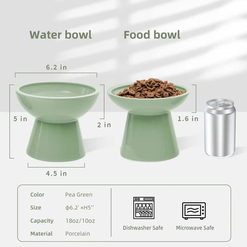 Blue ceramic elevated cat bowl with wide shallow design for comfortable feeding