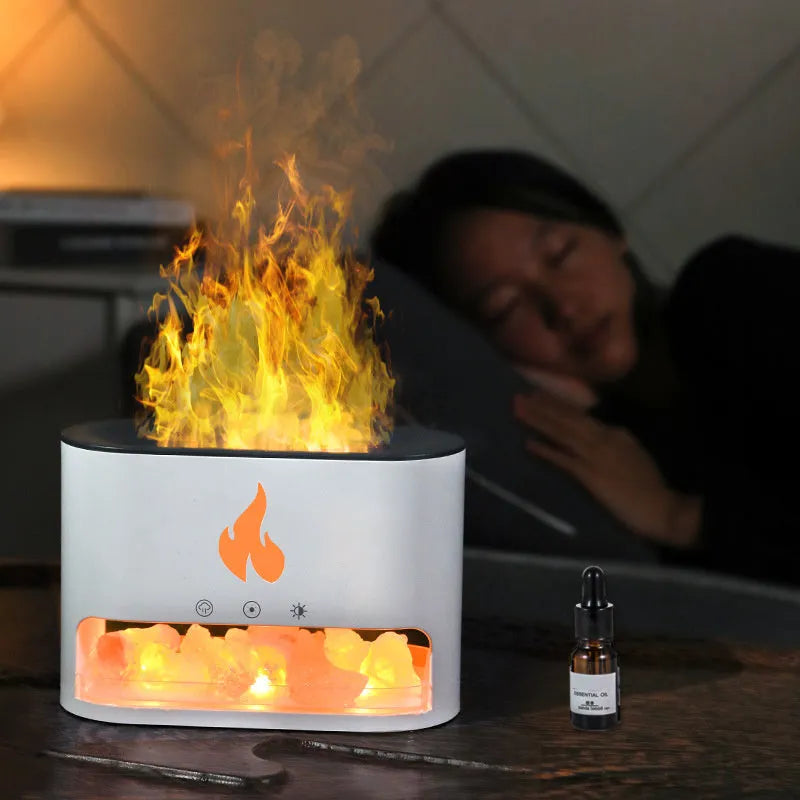 Square white desktop humidifier with colourful flame lighting effect and USB cable