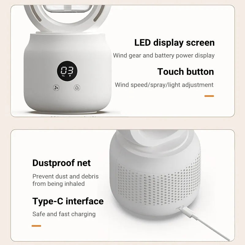 White bladeless table fan with humidifier tank on desk showing up-down oscillation