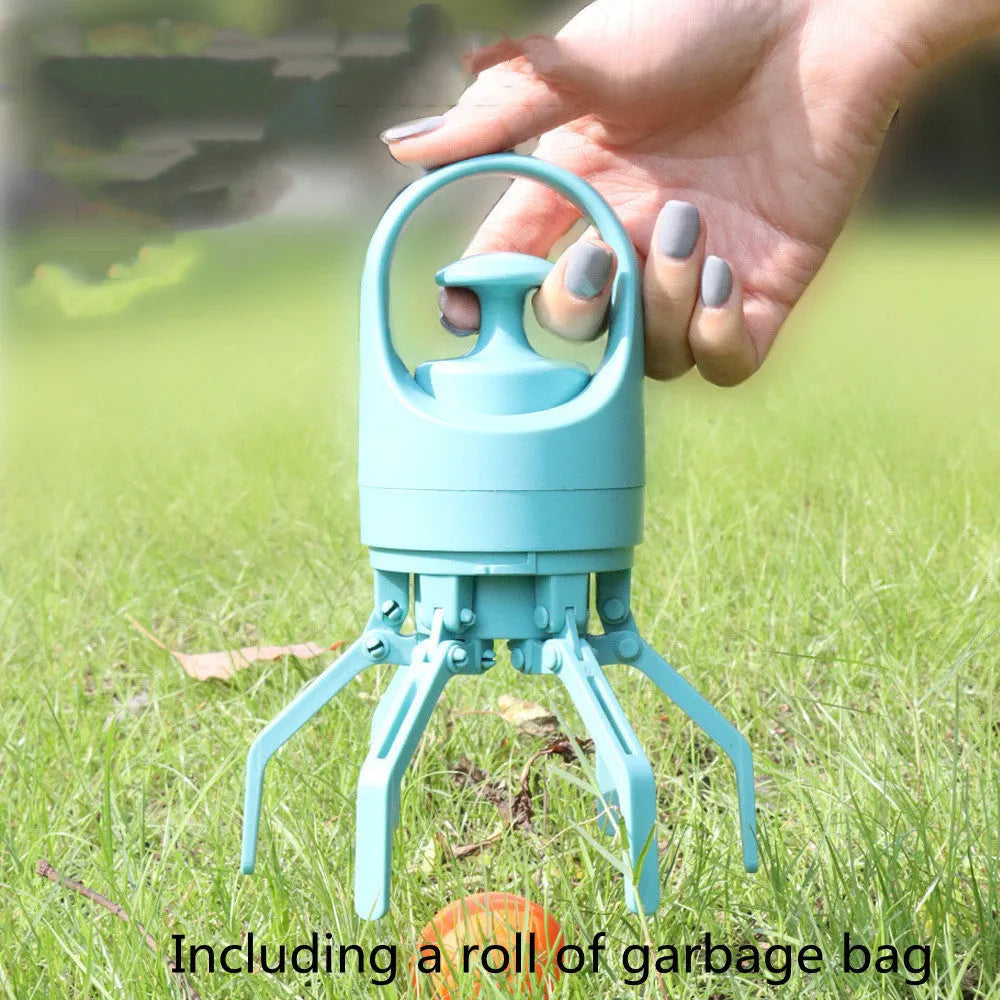 Blue portable dog poop scooper with built-in bag dispenser and eight-claw shovel mechanism