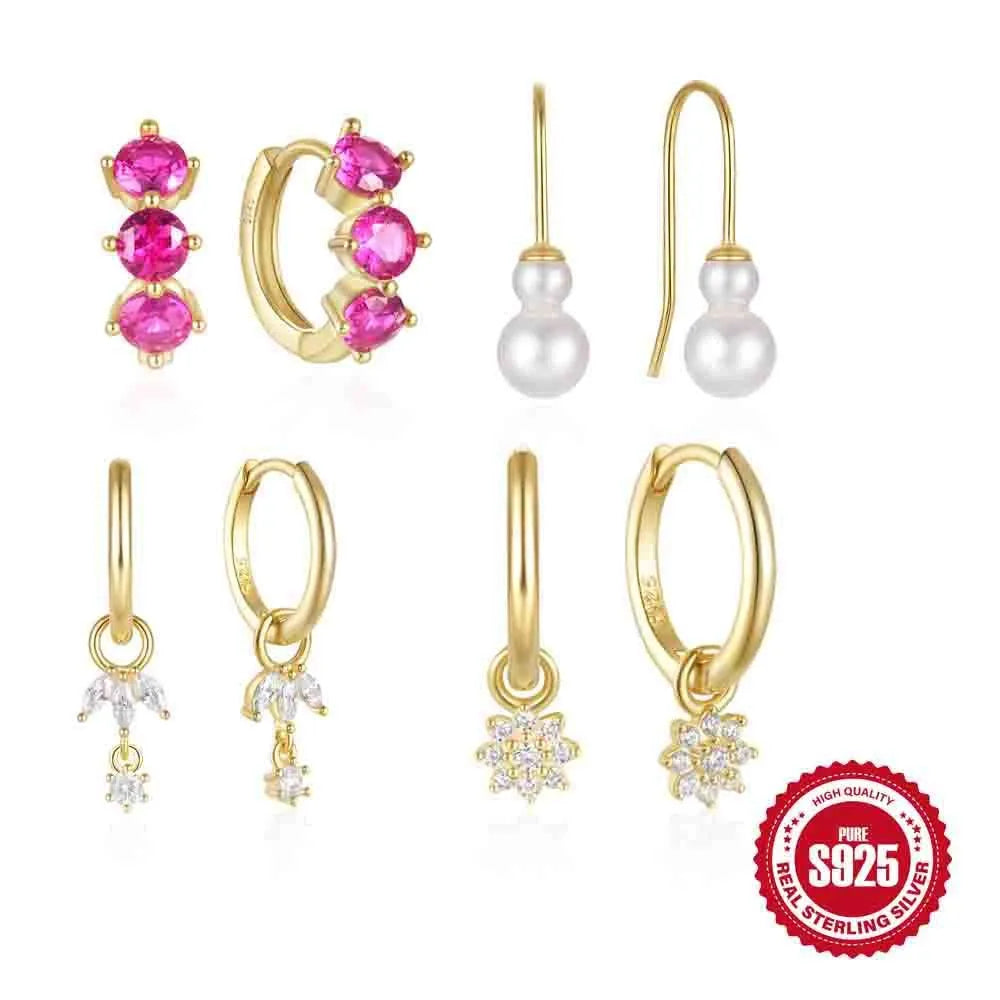 S925 sterling silver sunflower earrings with geometric design and inlaid zircon stones