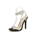 Women's black suede stiletto sandals with rhinestone decoration and a shallow mouth.