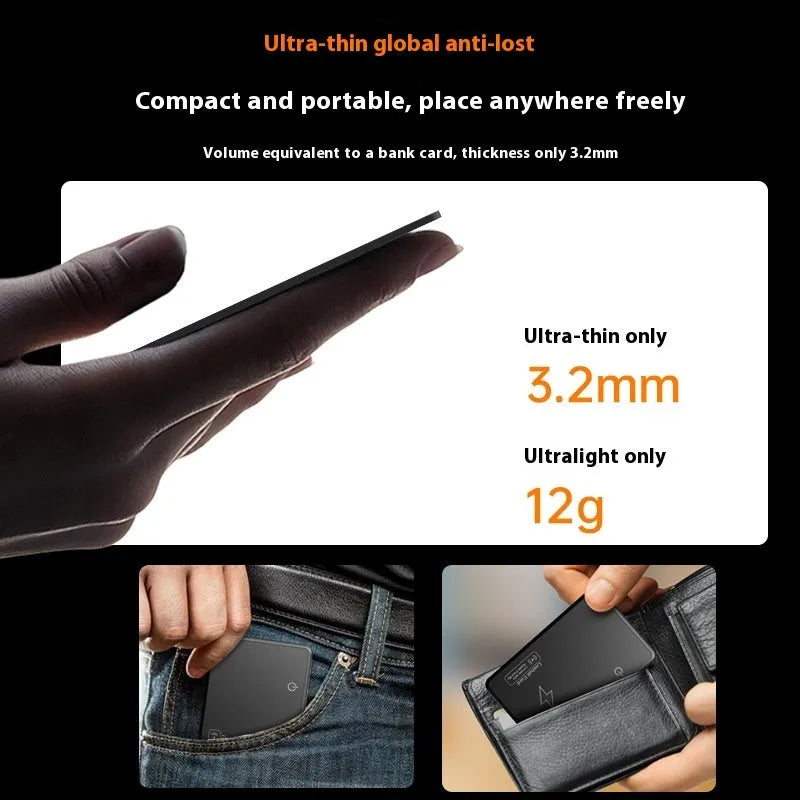 MFI Findmy AirTag anti-lost card tracker in black, shown next to a set of keys highlighting its slim 84mm x 52mm size.