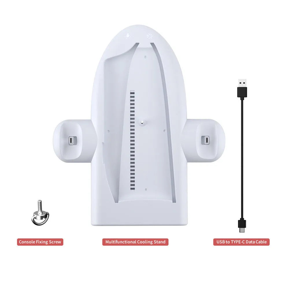 White PS5 Slim multifunctional charging base with cooler fan, RGB lights, and charging belt.
