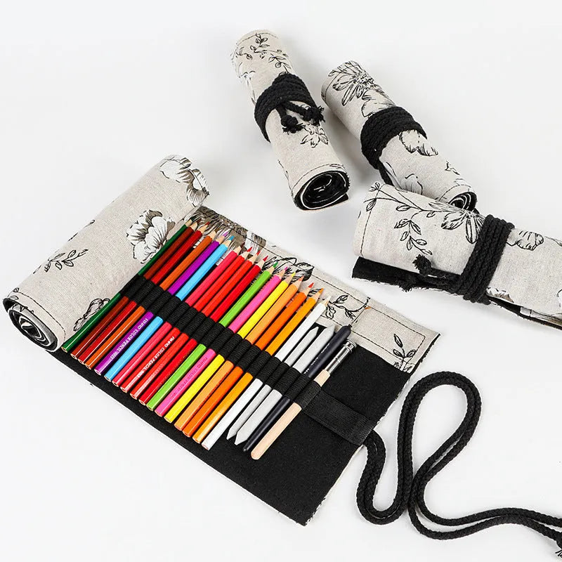 Black peony print canvas pencil roll bag with cotton hemp construction showing 24-hole or 72-hole organisation options