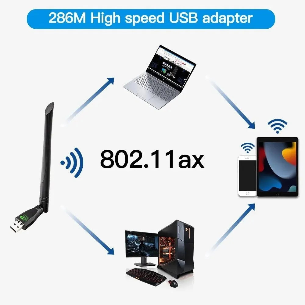 Black USB WiFi6 wireless network card with approximately 11cm length for desktop computer connectivity