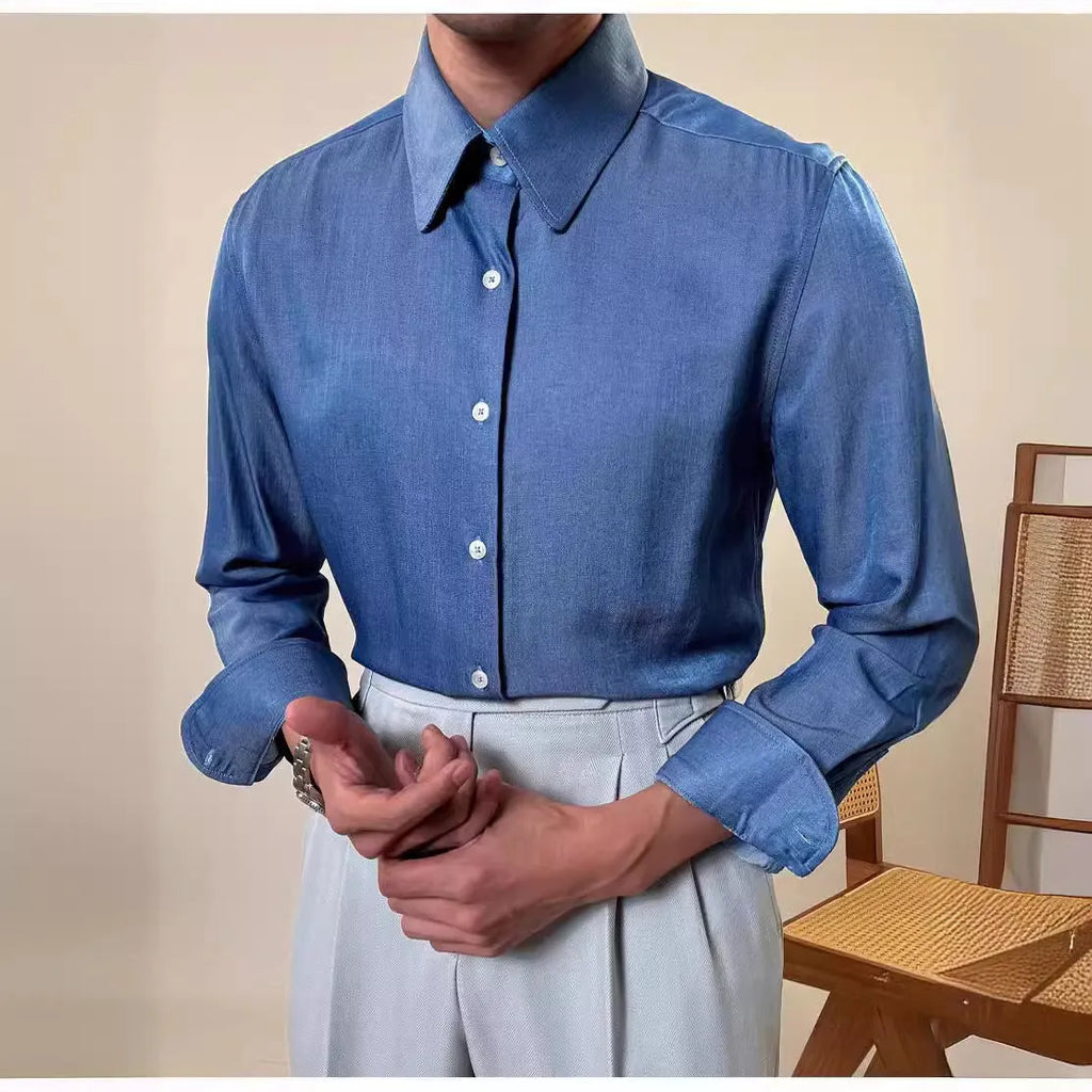 Men's blue slim fit long sleeve shirt with round collar business casual style