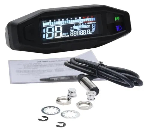 Black mini motorcycle LCD speedometer and multi-function gauge showing digital display.