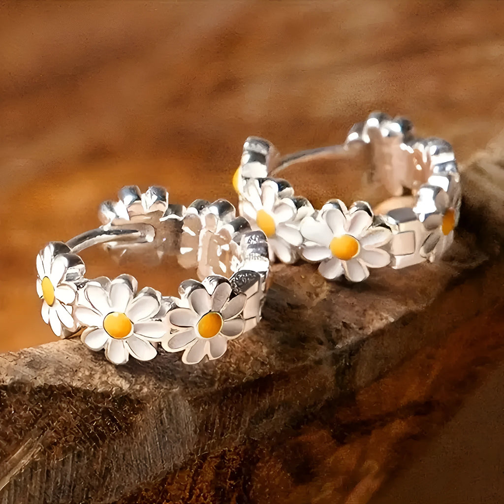 White daisy flower ring earrings with electroplated copper construction and inlaid gem details