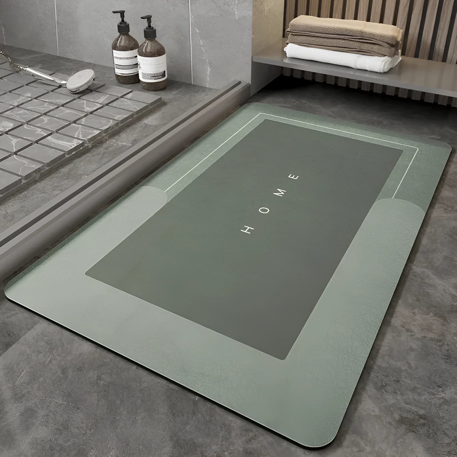 A rectangular blue blended floor mat on a wooden bathroom floor.