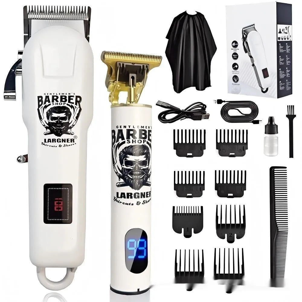 Rechargeable stainless steel hair clipper with USB charging cable and 4 guard attachments